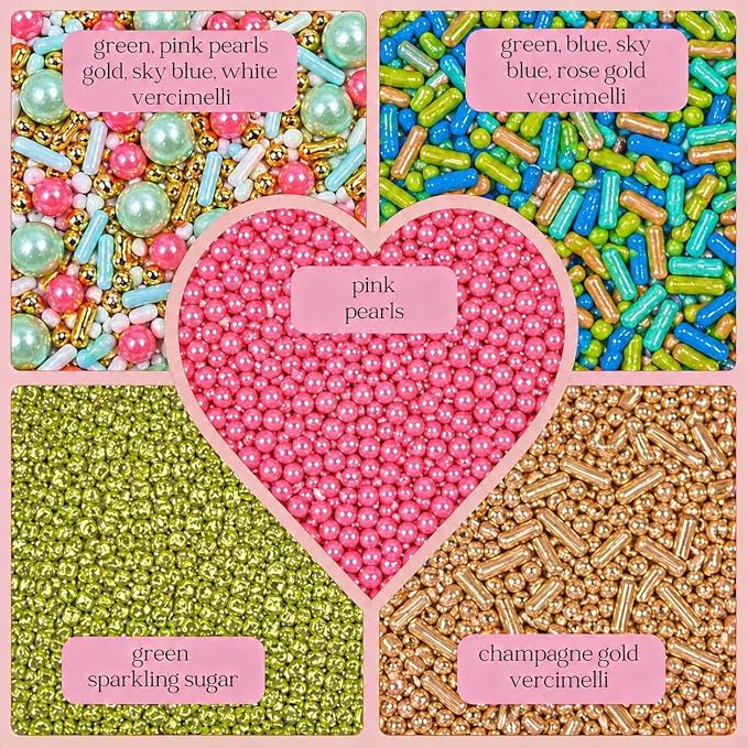 Confect Sprinkles – 5 Pack Assorted Cake Decorating Mix (Hot Pink & Ivory Pearl Dragees, Champagne Gold & Blue Jimmies, Green Sparkling Sugar) – Festive Edible Toppings for Cakes, Cupcakes, Cookies – Vegan, Gluten-Free, Nut-Free, Soy-Free, Dairy-Free, ...
