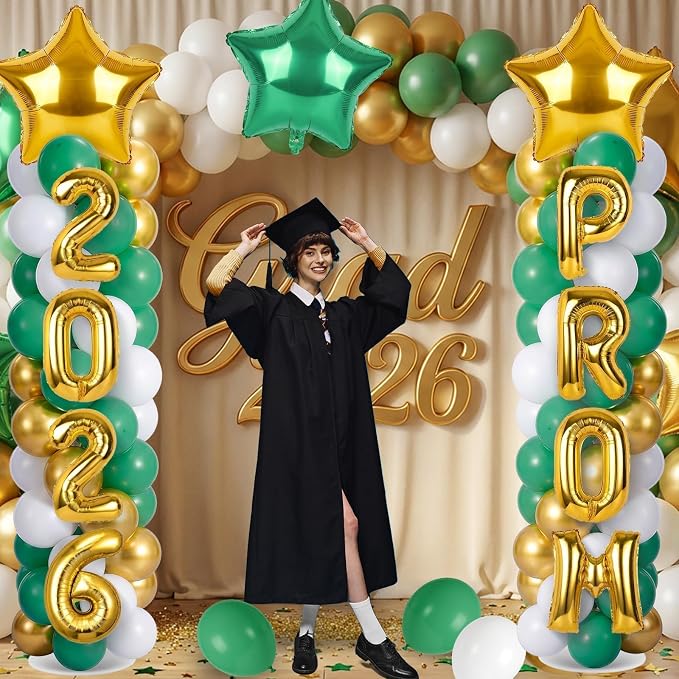 2 Sets Graduation Balloon Column Stand Kits with 132 PCS Green Gold White Latex Balloons 2026 Letters 6.5 Ft Adjustable Metal Tube Telescopic Tower Pillar with Base for Graduation Party Decoration