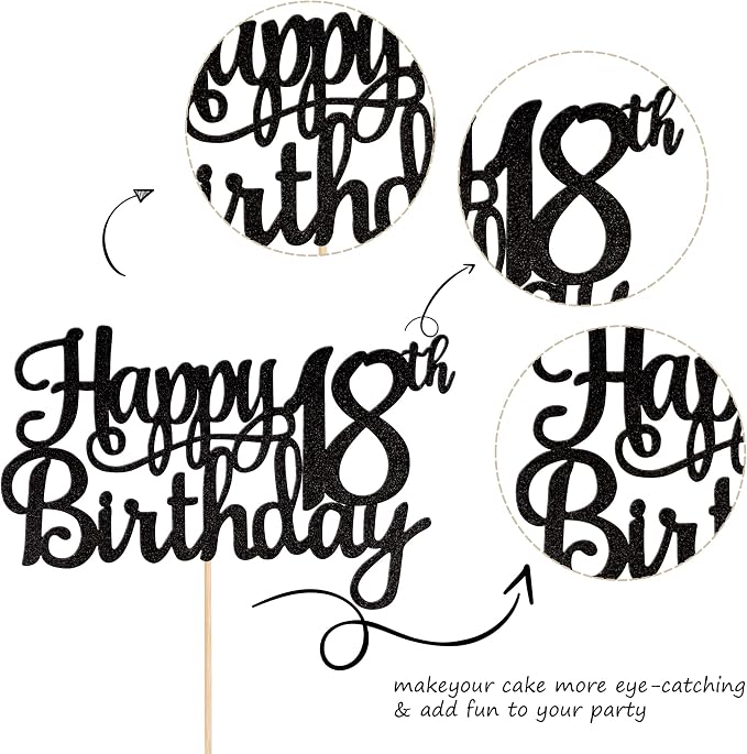 1 PCS Happy 18th Birthday Cake Topper Glitter Cheers to 18 Years Birthday Cake Pick 18 Fabulous Cake Decoration for Happy 18th Birthday Theme Party Decorations Supplies Black