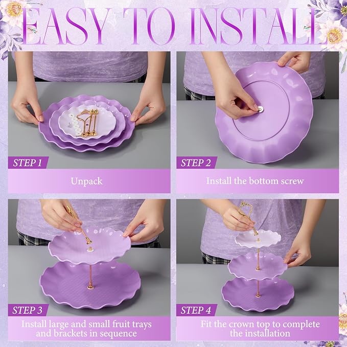 FoldTier 6 Pack Cupcake Stand Set 3 Pcs 3 Tier Gradient Dessert Table Display Stands Cookie Tray Rack 3 X14 in Rectangle Party Trays for Wedding Birthday Tea Party Baby Shower(Purple,Round)