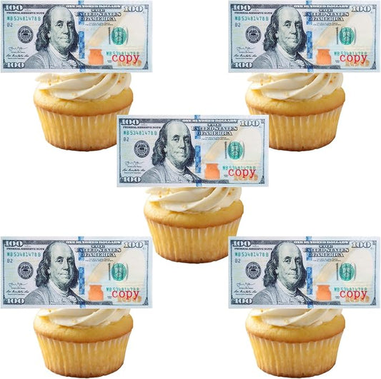 Morofme 30pcs Mini Edible 100 Dollar Bill Cake Cupcake Toppers Small Edible Money Cake Topper Edible Money Image Wafer Paper Cake Decorations Precut Fake Money for Birthday Party Supplies