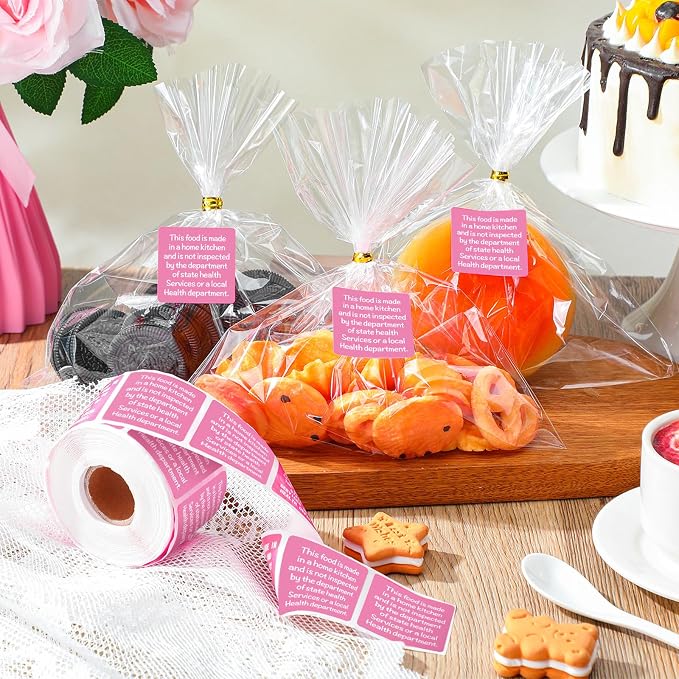 500 Count Cottage Food Law Labels Stickers 1.5” Pink Square Food Stickers Made in a Home Kitchen Decal Thermal Printed Labels for Home Kitchen Bakery Bread Sourdough