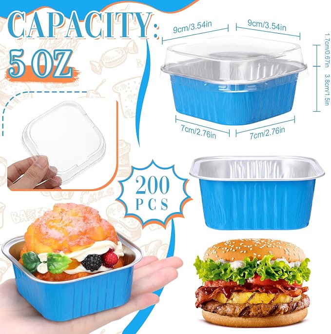 200 Pack 5 oz Mini Cake Pans with Lid, Aluminum Foil Mini Baking Tins, Square Disposable Cupcake Baking Cup Dessert Container for Wedding Birthday Party Picnic(Blue,Classic)