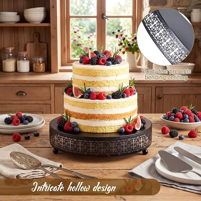 Wenqik Black Cake Stand 12 Inch Metal Round Wedding Cake Stand with Cutting & Spatula Cupcake Dessert Cookies Display Holder Fruit Serving Tray for Wedding Birthday Anniversary Party