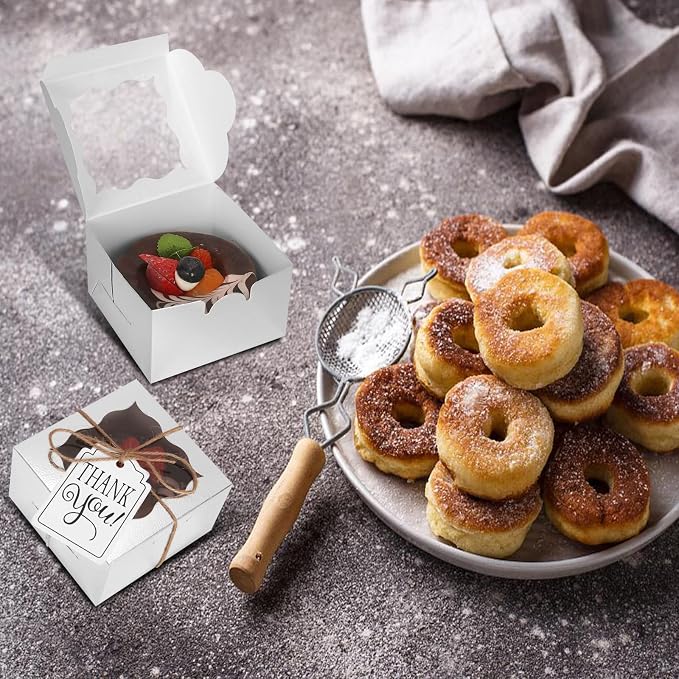 KPOSIYA 20 Pcs Silver Bakery Boxes with Window Individual Cupcake Boxes 4x4x2.5 Inches Cookie Boxes Kraft Paper Silver Gift Box for Pastries, Cookies, Pie, Donuts, Macaroon
