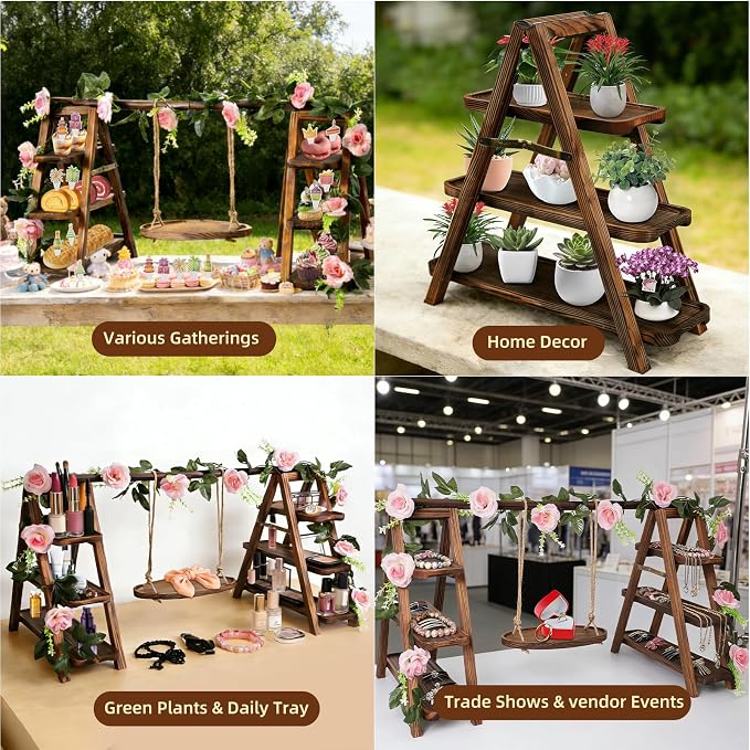 Wooden Cupcake Stand, 3 Tier Dessert Display Serving Tray with Swing and Flower Decoration, Foldable Tiered Ladders Stand for Party, Birthday, Wedding, Baby Shower, Table Food Display for Fruit Bread