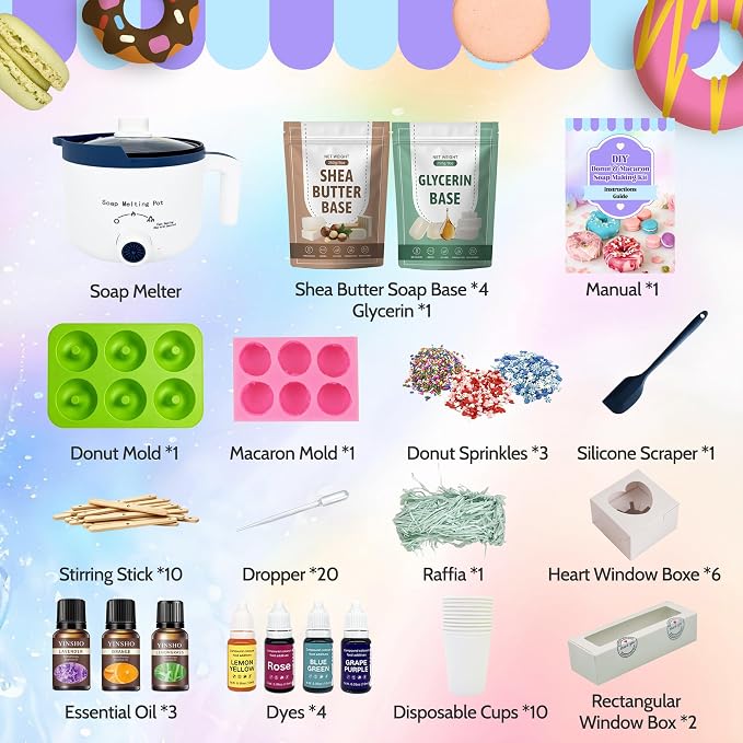 PIUH Donut & Macaron Soap Making Kit for Adults, DIY All in One Creative Make Your Own Donuts & Macarons Soap Kits with 5 Lbs Soap Base, 3 Essential Oils, 4 Dyes, Molds, Packaging Boxes