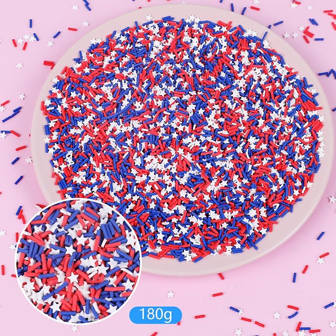 DIYASY 180g Patriotic Fake Sprinkles, 6.35 oz Non-edible Resin Sprinkles Independence Day Faux Plastic Candy Sprinkle Polymer Clay Slices for Nail Art DIY Crafts Cake Phone Case (Patriotic)
