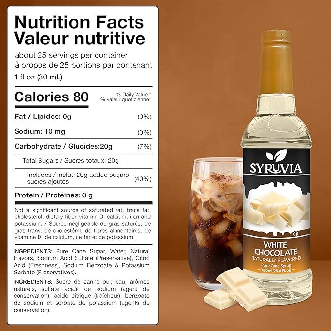 Syruvia Coffee Syrup, White Chocolate Flavored Syrup for Drinks, Lattes, and Desserts – 25.4 fl oz - with Pump