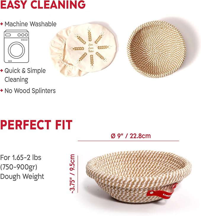 KneadAce Sourdough Kit, Sourdough essentials tools including round proofing basket, round bread sling, bread lame, bench scraper and baker's brush set and dough wand