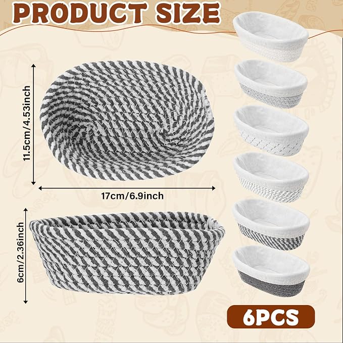 6 Set 6.9 Inch Mini Banneton Bread Proofing Basket Natural Cotton Rope Proofing Bowls Kit with Cloth Liner Small Sourdough Bread Baking Supplies for Home Baking (Grey)