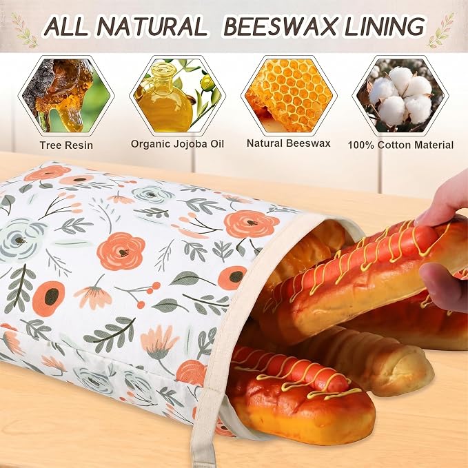 Beeswax Bread Bags for Sourdough, 2 Pack Reusable Bread Bag for Storage XL 17x13 Inch, Large Canvas Lined Bags for Homemade Sourdough - Keep Fresh, Freezer Safe