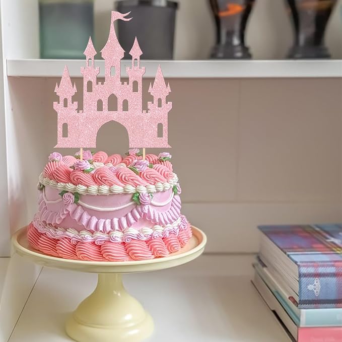 1 PCS Castle Cake Topper Glitter Princess Cake Topper Castle Theme Birthday Party Decoration Princess Happy Birthday Cake Decoration for Baby Shower Girls Princess Birthday Party Supplies Light Pink