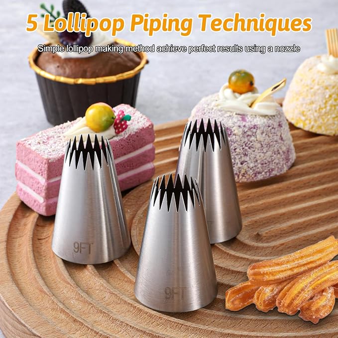 5Pcs 9FT Large Piping Tips for Cake Decorating, Frosting Piping Kit, Stainless Steel Churro Piping Tip, Extra Large Piping Tips, Open Star Pastry Tips, Cake Decorating Kit for Cupcake Cookie
