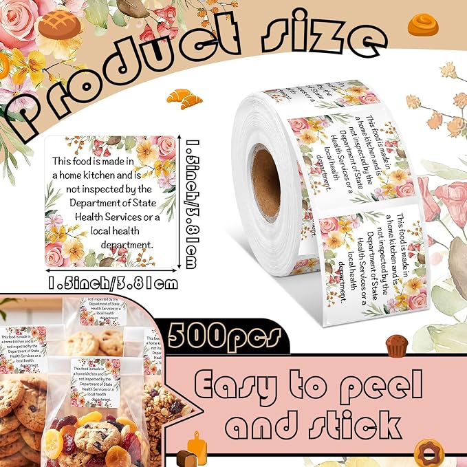 500 Count Cottage Food Law Labels Stickers Floral Printed Home Made Stickers 1.5” Square Thermal Printed Labels for Home Kitchen Bakery Bread Sourdough