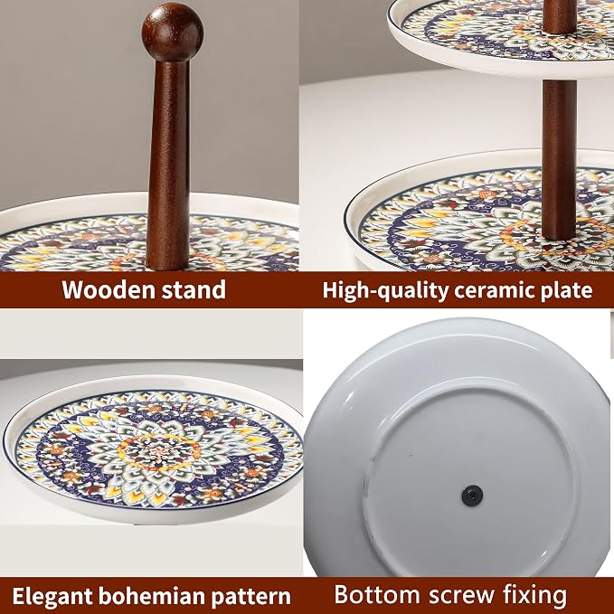 2 Tiered Cupcake Dessert Stand Ceramic, Tiered Serving Cake Stand Bohemian Plates Tray Food Grade Dessert Display Stand, Beautiful Gift for Tea Party, Weddings Parties & Home Décor (Blue)
