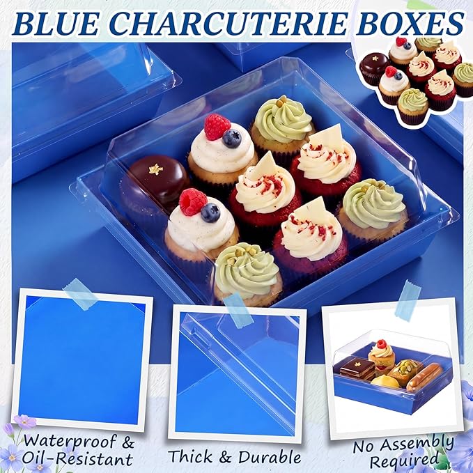 Potchen 50 Pack Bakery Boxes with Clear Lids, Disposable Charcuterie Treat Boxes for Cookies, Donuts, Cupcakes, Candy and Mini Cakes, Party Favor for Wedding and Gift Giving(Dark Blue Pattern)