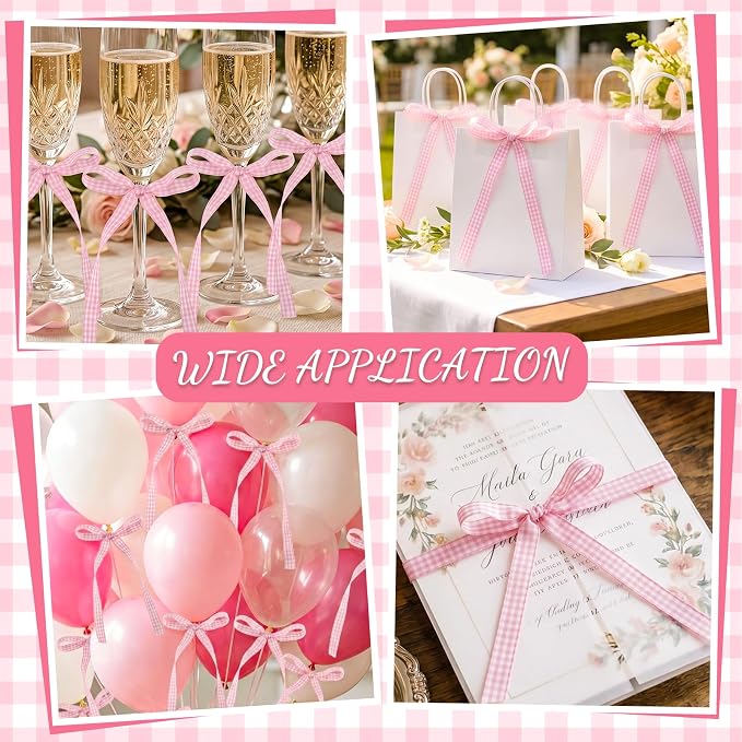 30 PCS Bow Cupcake Topper Pink Gingham Ribbon Bows for Cake Handmade Bow Birthday Decorations for Weddings, Baby Showers, Wedding, Engagements and Dessert Tables