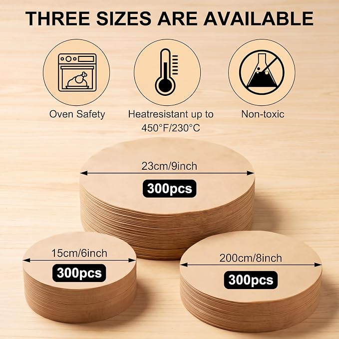 Reallnaive 900 Pcs Parchment Paper Rounds 6, 8, 9 Inch Non Stick Baking and Unbleached Parchment Circles for Baking Round Sheets Liners, Toaster Oven Round Cake Springform Pan(White)(Brown)