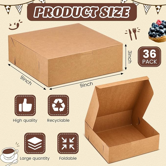 36 Pack Pie Pizza Boxes 9" x 9" x 3" Kraft Square Bakery Boxes for Cookies, Cheesecake, Chocolate Covered Strawberries, Dessert Brown Paper Cardboard Container for Treats