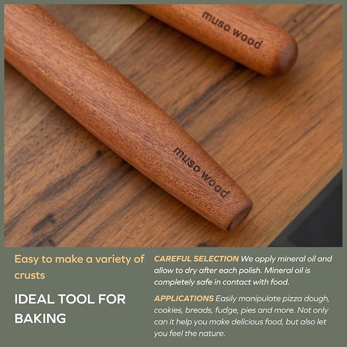 Muso Wood Sapele Wooden French Rolling Pin for Baking, Tapered Roller for Fondant, Pie Crust, Cookie, Pastry (French 15-3/4inch)