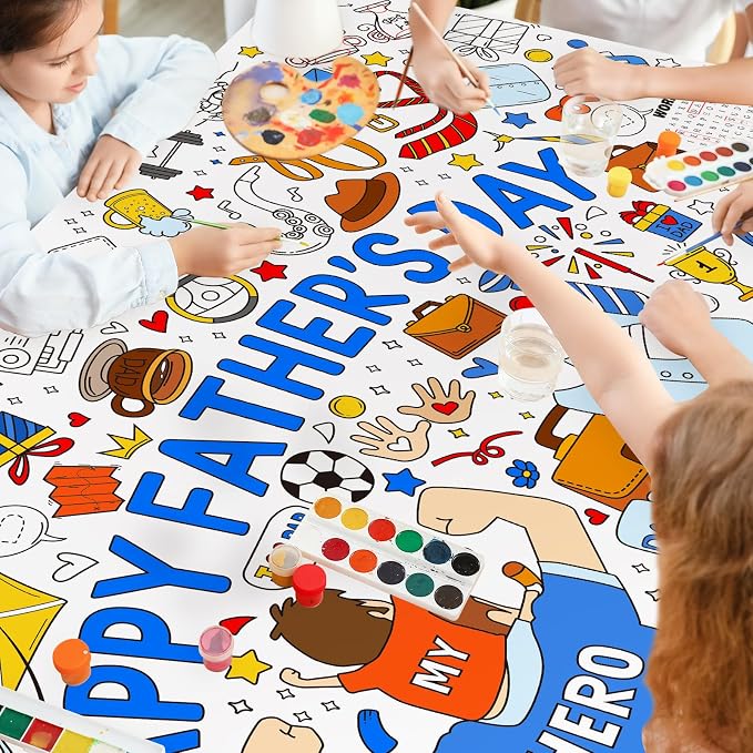Fathers Day Coloring tablecloths for Classroom Wall - Versatile 31.5 x 72 Inches Father Themed Activity Poster/Table Cover, School Parties, Happy Fathers Day Decorations