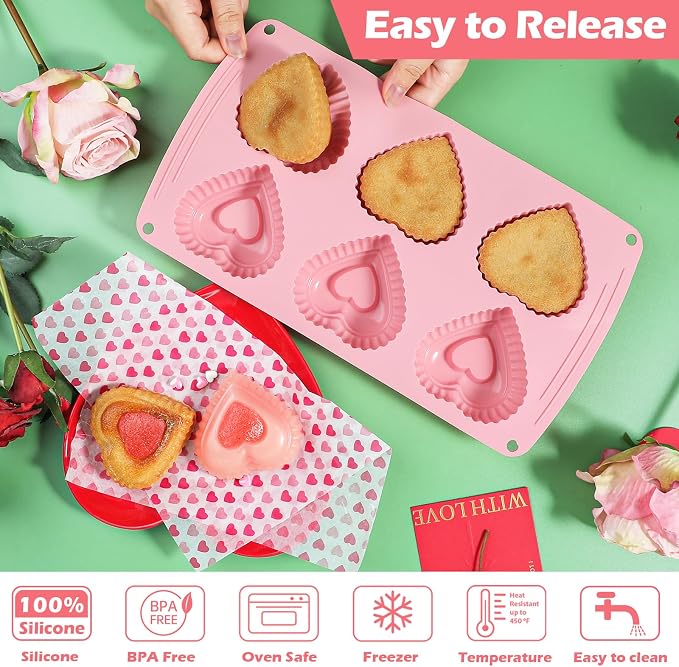 Webake Silicone Heart Cake Mold 3 Inch Tiered Mini Heart Shaped Cake Pans, Heart Cake Molds Muffin Pan, Pack of 2