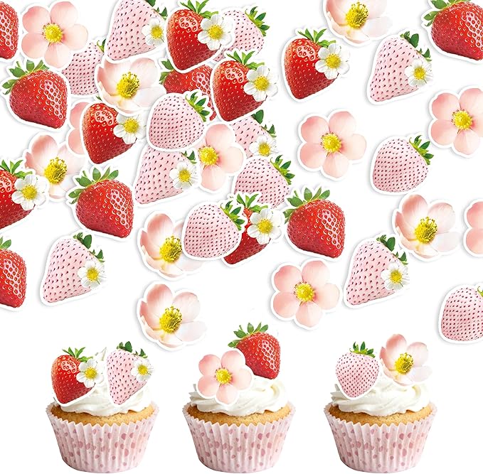 72Pcs Edible Strawberry Cupcake Toppers Wafer Paper Strawberry Flower Bridal Engagement Baby Shower Kids First Birthday Party Cake Decorations Supplies