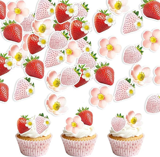 72Pcs Edible Strawberry Cupcake Toppers Wafer Paper Strawberry Flower Bridal Engagement Baby Shower Kids First Birthday Party Cake Decorations Supplies