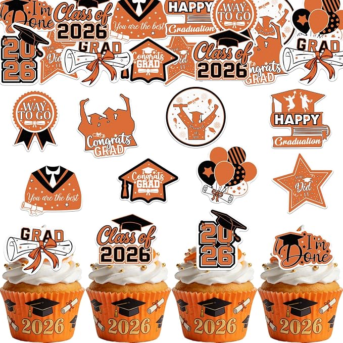 48pcs Edible 2026 Graduation Cupcake Toppers Wafer Paper Orange Class of 2026 Cake Decorations Edible Congrats Grad Cupcake Picks for 2026 Graduation Theme Party Cake Supplies