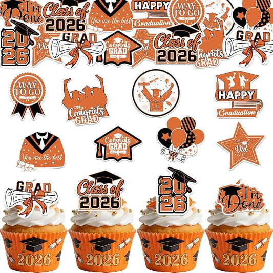 48pcs Edible 2026 Graduation Cupcake Toppers Wafer Paper Orange Class of 2026 Cake Decorations Edible Congrats Grad Cupcake Picks for 2026 Graduation Theme Party Cake Supplies