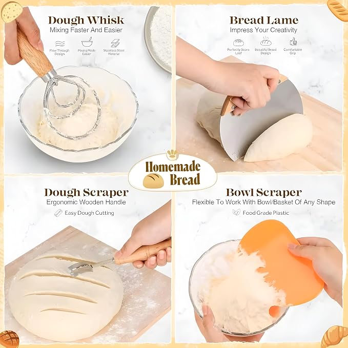 Complete Sourdough Starter Kit with Banneton Bread Proofing Baskets | 26-Piece Set with Starter Jar, Lame, Dough Whisk, Scraper & Sling - Sourdough Baking Supplies Gift for Beginners