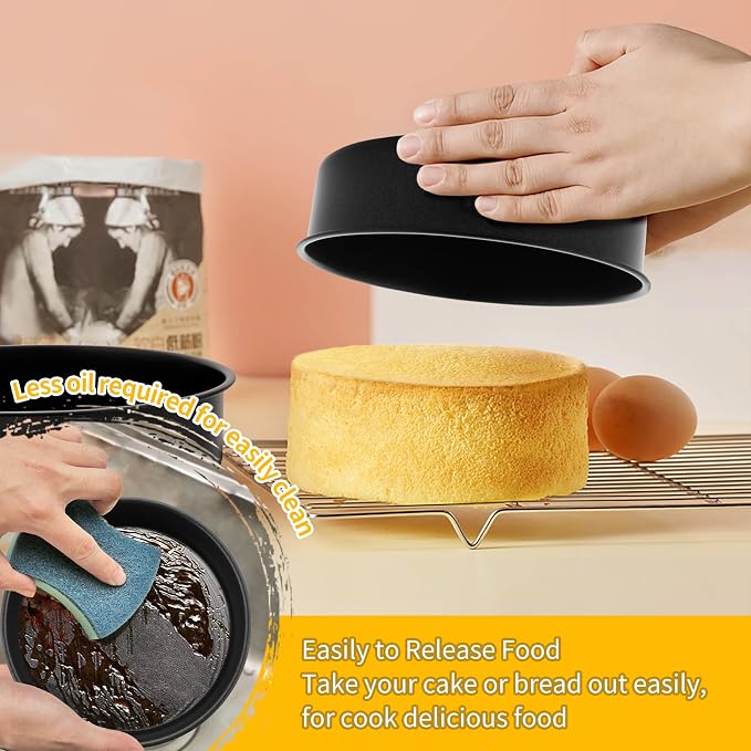 P&P CHEF Non-stick Cake Pan Set of 4, 6 Inch Round Baking Cake Pans Tins for Tier Smash Cakes, Non-Toxic & Solid, Stainless Steel Core & Leak-Proof, 4Pcs