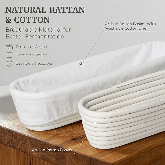 15 Inch Baguette Proofing Basket Set of 2 with Cotton Liners & Baguette Recipe eBook- Handcrafted Natural Rattan Banneton Bread Proofing Baskets for Sourdough- French Bread & Dough Rising