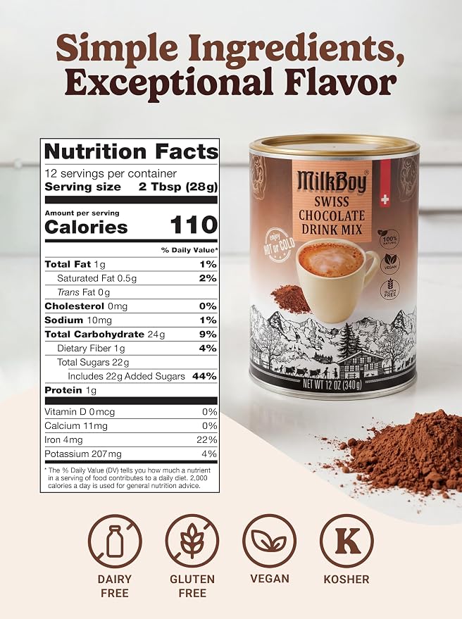 MilkBoy Dairy Free Hot Chocolate Mix - Gluten Free Swiss Cocoa Drink Powder, Vegan Hot Cocoa Mix, Gourmet Swiss Chocolate Drink, Kosher, Rainforest Alliance Certified - 12 oz Can