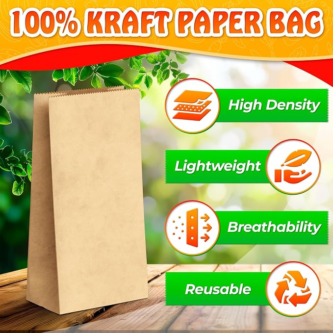 Set of 100 Small Brown Paper Bags - Sturdy Brown Lunch Bags for Snacks, Nuts, Popcorn, Cookies, Candies, Party Favors & Gifts - Durable with Convenient Size (7х3.54х2.16) for Home and Small Business