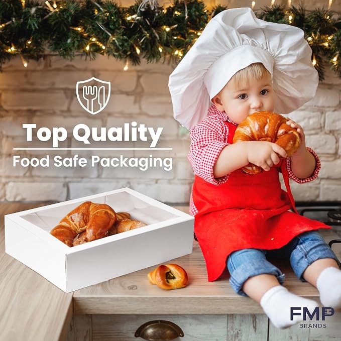 Fit Meal Prep 100 Pack 14 x 10 x 4 Inches White Bakery Boxes with Window, Auto-Popup Cardboard Gift Packaging and Baking Containers, Cupcake, Cookie and Loaf Bread Boxes