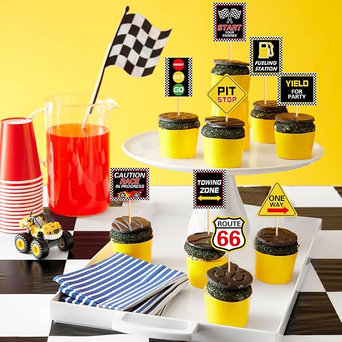 36PCS Race Car Cupcake Toppers Racing Warning Signs Party Decorations Baby Shower Drink Topper Boy Children Birthday Party Decorations Racing Theme Party Cake Decorations