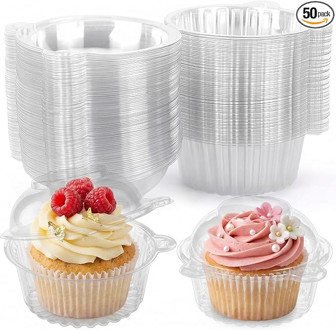 VGOODALL 50Pack Individual Cupcake Containers with Lid, 4.3 x 3.2 Inches Plastic Clear Cupcake Holder for Wedding Baby Shower Birthday Party Supply