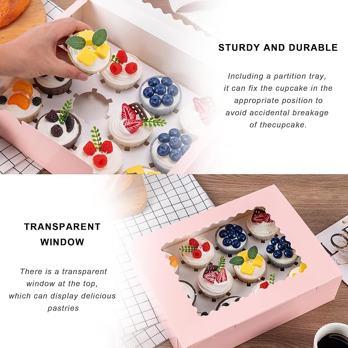 Hoewina 12PCS Cupcake Boxes - Hold 12 Count Cupcake Containers with Window, Food Grade Cupcake Holder Easy Transport and Presentation - Ideal for Cupcakes, Desserts, and More (Pink)