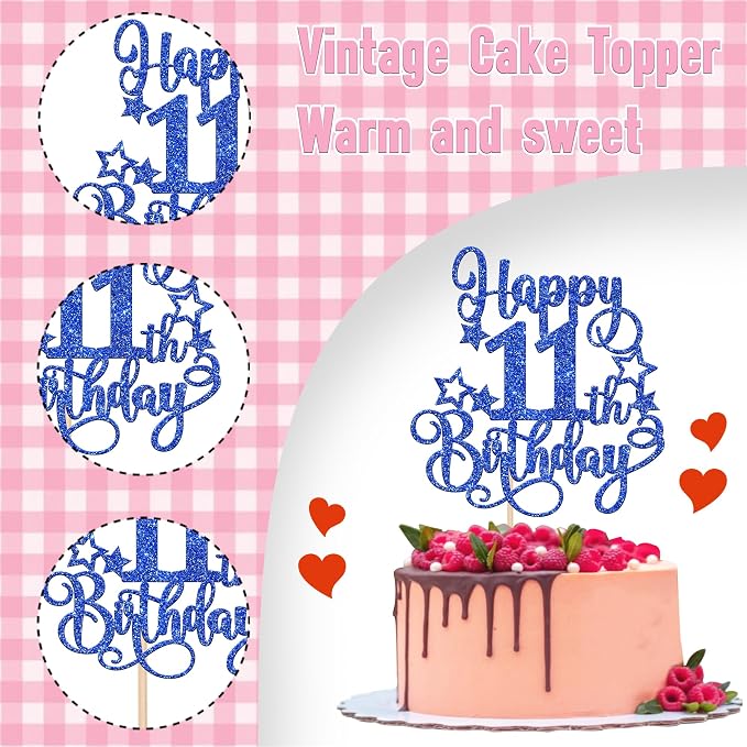 1 PCS Happy 11th Birthday Cake Topper Glitter Cheers to 11 Years Birthday Cake Pick Hello 11 Fabulous Cake Decoration for Happy 11th Birthday Anniversary Party Decorations Supplies Blue