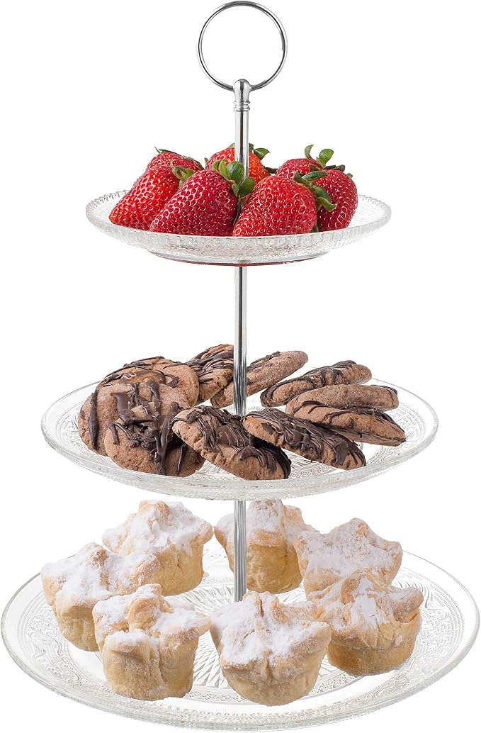 Royalty Art 3-Tiered Serving Stand (Glass) Beautiful, Elegant Dishware Serve Snacks, Appetizers, Cakes, Candies Durable, Reusable Party or Holiday Hosting (Silver) (1) (2)
