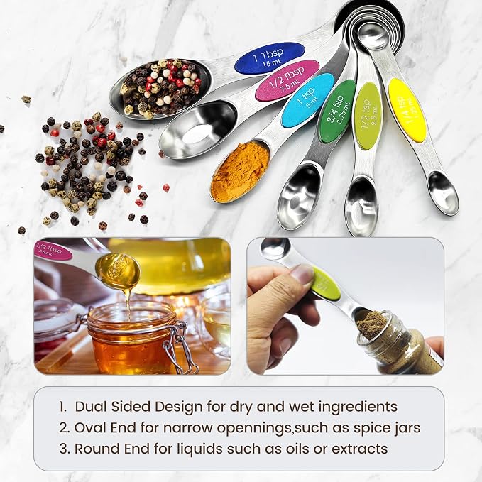 16PCS Magnetic Measuring Spoons and Measuring Cups Set, 7 Double-Sided Spoons& 1 Leveler and 8 Measuring Cups, Multicolor, Stainless Steel, Fits Spice Jars, Large Capacity Measurement