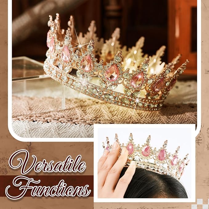 8 Pcs Pink Queen Crown Cake Topper for Women, Happy Birthday Cake Toppers Foam Balls Rhinestone Crystal Tiara Wedding Decoration for Princess Party Photo Props