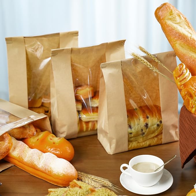 NPLUX 100 Pack Sourdough Bread Bags for Homemade Bread with Tin Tie Tab Lock Bakery Bags with Window kraft Bag for Toast Sandwich Cookie Snacks, Graduation Gift Bags(8.27x13.6x3.54In)