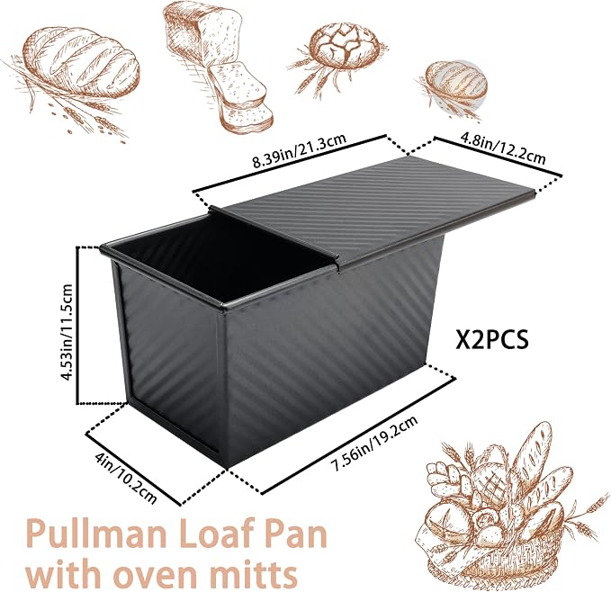 Pullman Loaf Pan With Lid - Bread Pans For Homemade Bread - 1lb Non-Stick Loaf Baking Pans - Carbon Steel Toast Box With Oven Mitts（Set Of 2）