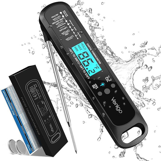 Venigo Digital Meat and Food Thermometer for Cooking and Grilling, Waterproof Instant-Read Cooking Thermometer, Kitchen Probe Thermometer for Baking, Roasting, Smoking, Deep Frying (Black)