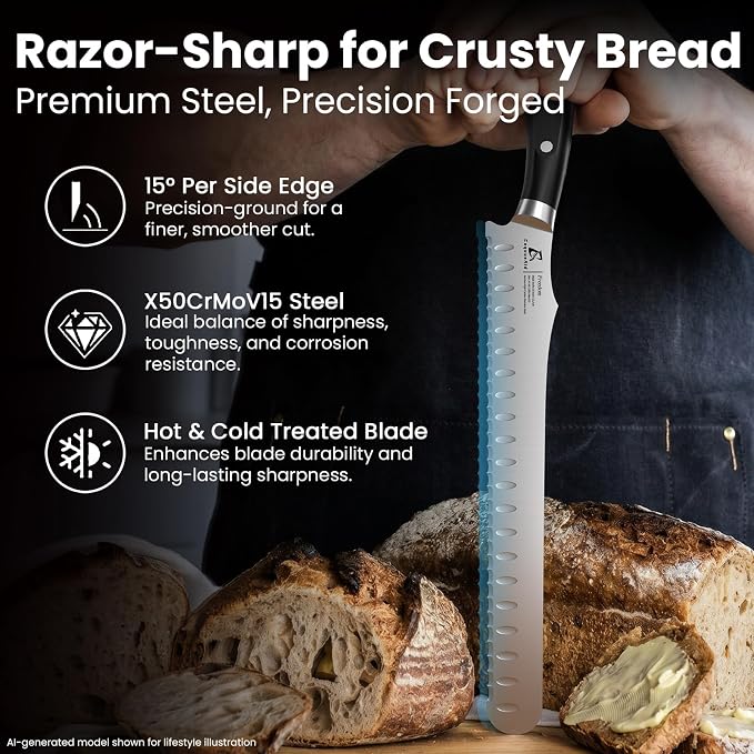 CoquusAid Bread Knife for Homemade Bread, 9 Inch Multifunction Serrated Knife, Razor Sharp Slicer, High Carbon German Steel Bread Cutter, Ergonomic Handle Design for Sourdough Turkey Fruit Cutting