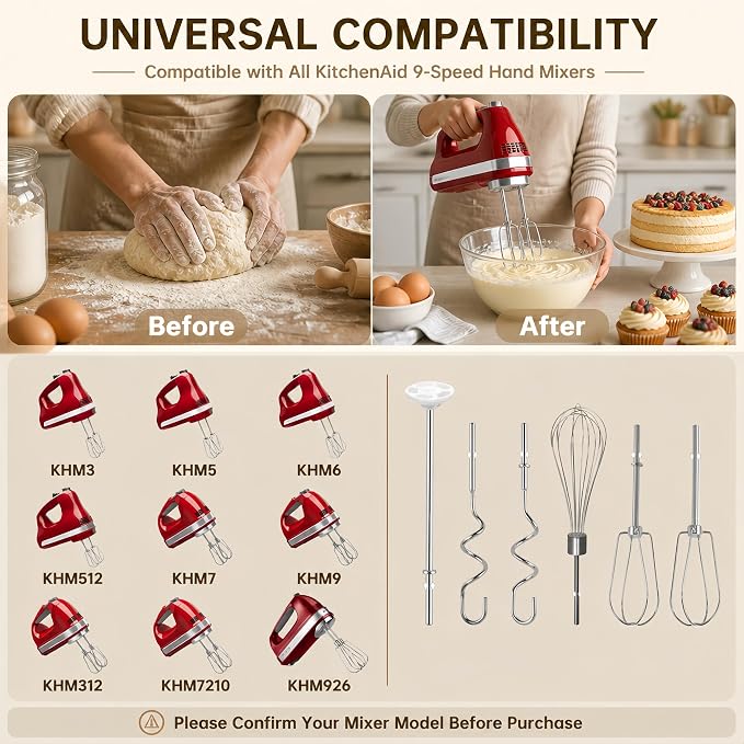 Hand Mixer Beaters Attachments for KitchenAid KHM Series, Stainless Steel Turbo Beater, Pro Whisk, Dough Hooks & Blending Rod Replacement Parts Compatible with KHM512 KHM926 KHM7210 KHM6118 (C (6PC))
