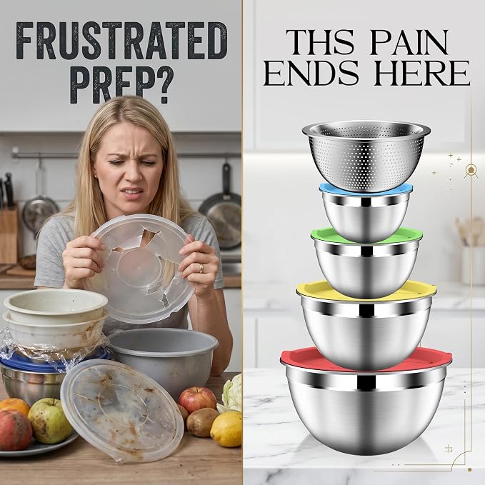 DUTZUN Mixing Bowls with Strainer, Mixing Bowl with Lids Set, Stainless Steel Mixing Bowls, Kitchen Gadgets Salad Bowls with Strainer for Mixing & Preping & Serving, Multicolor